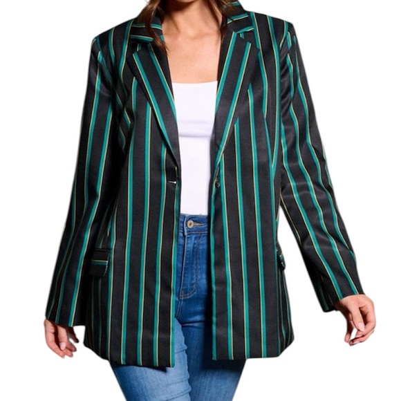 Jackets & Blazers - Striped Black and Green Women's Blazer
